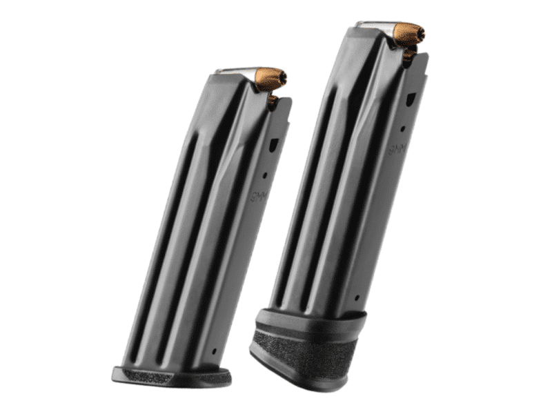 The magazines come in a standard 17 round configuration with a baseplate extension.